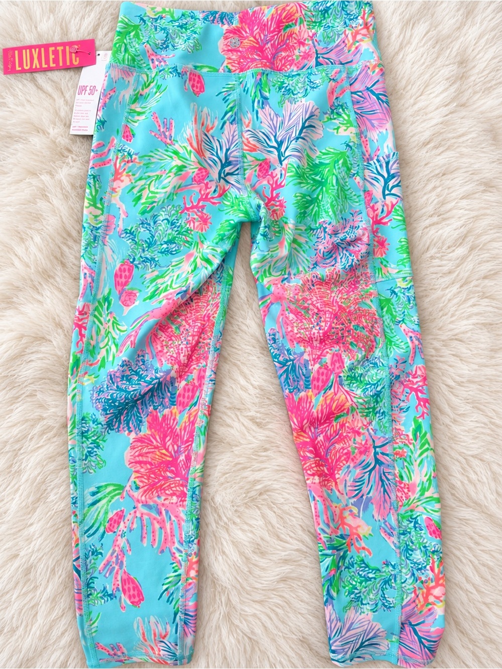 NWT Lilly Pulitzer Turquoise Floral & Neon Print Women’s Leggings Sz M - Picture 2 of 2